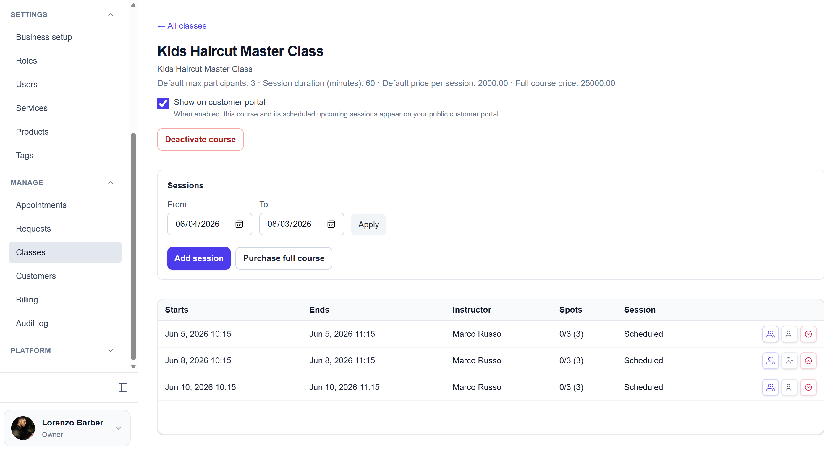 FLEXY course detail with scheduled class sessions