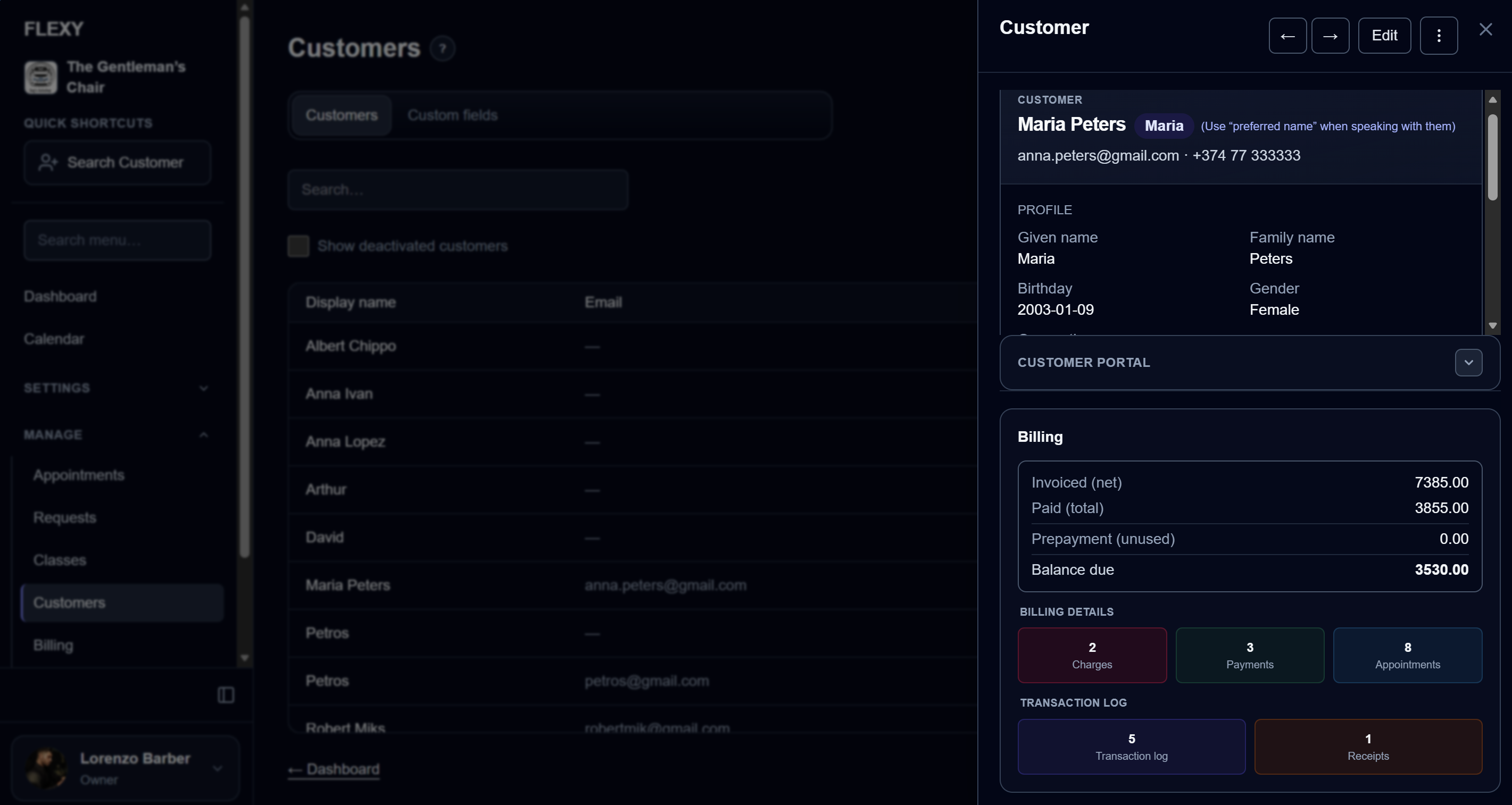 FLEXY customer list and profile with appointments