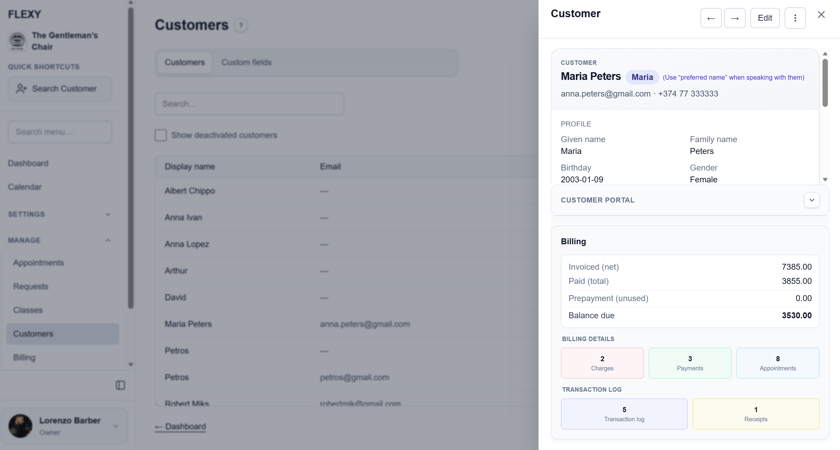 FLEXY customer list and profile with appointments